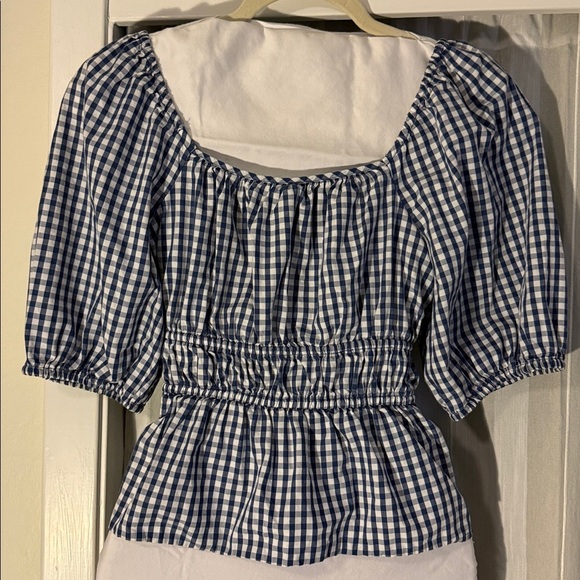 GAP Blue Gingham Puff Sleeve Blouse | Cottagecore Peplum Top S - Picture 3 of 4